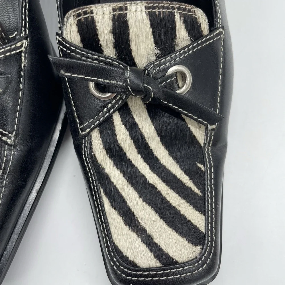 Franco Sarto Womens 6.5 Shoes Zebra Kitten Heel Square Toe Bow Tie Black Leather
